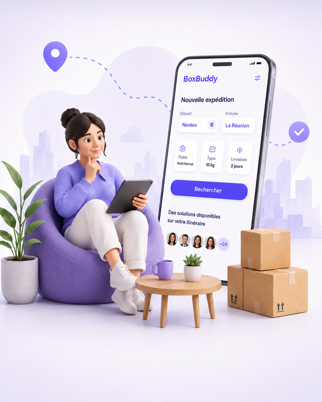 Illustration d’une personne utilisant BoxBuddy pour rechercher une solution d’expédition